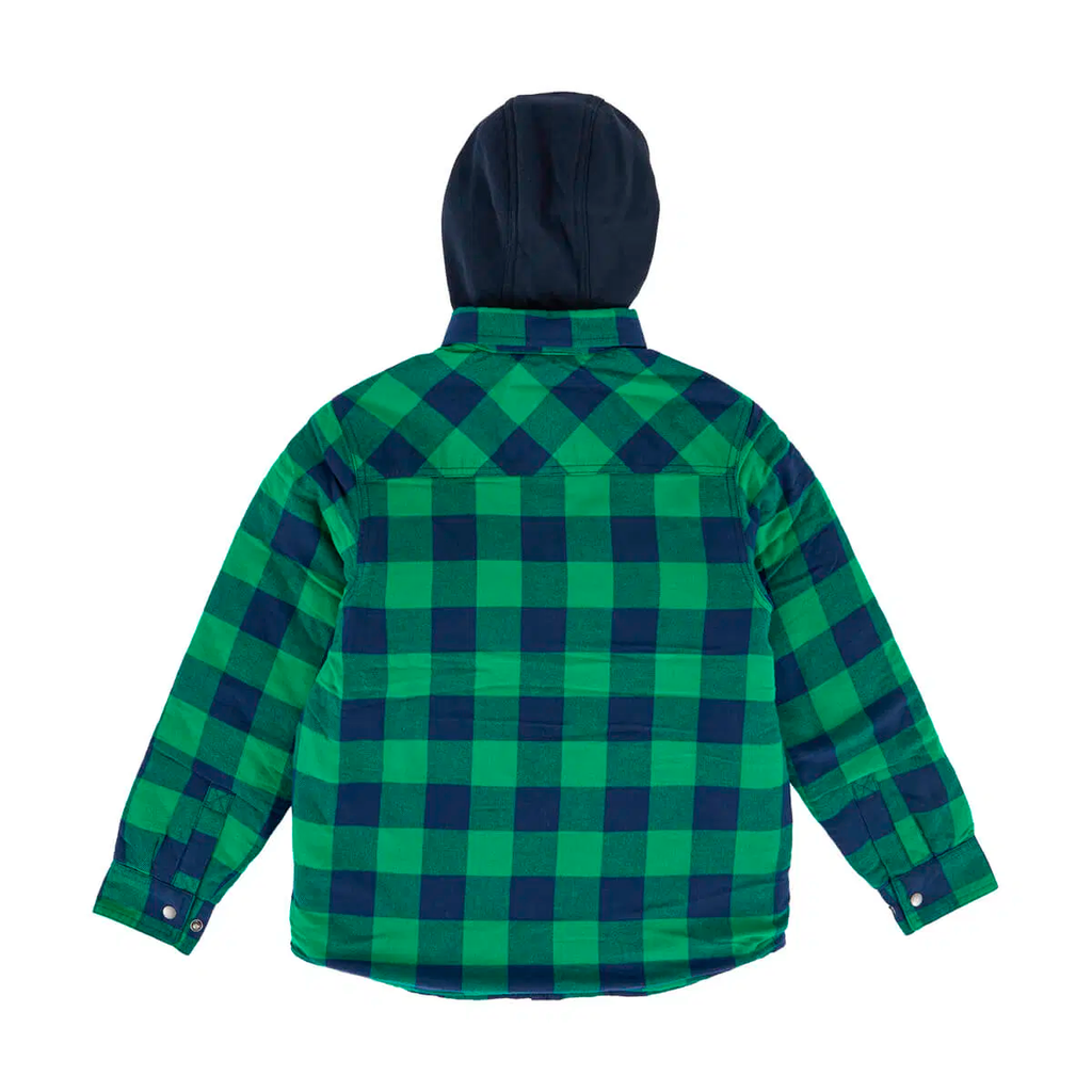 BERNE YOUTH FLANNEL QUILT-LINED HOODED SHIRT JACKET PLAID KELLY NAVY (L)