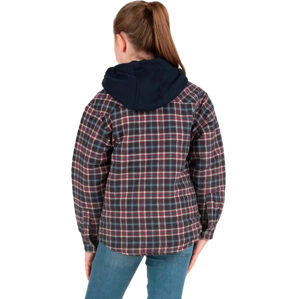 BERNE YOUTH FLANNEL QUILT-LINED HOODED SHIRT JACKET PLAID NAVY CHOCOLATE (S)