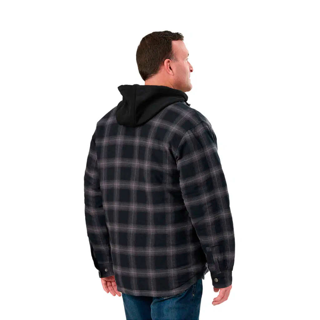 BERNE MENS QUILT-LINED HOODED SHIRT JACKET PLAID STEEL BLACK (L)