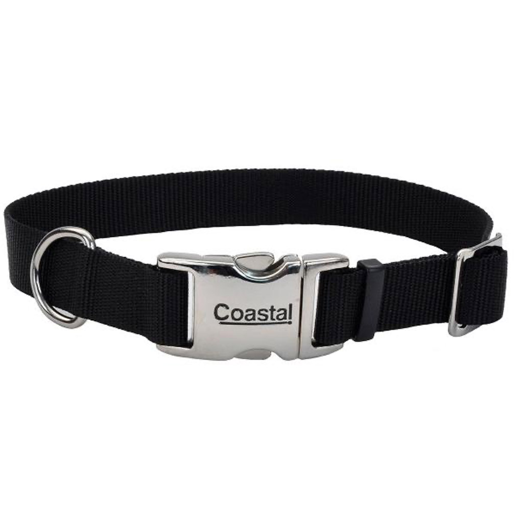 COASTAL ADJUSTABLE DOG COLLAR METAL BUCKLE BLACK 1"X14-20"
