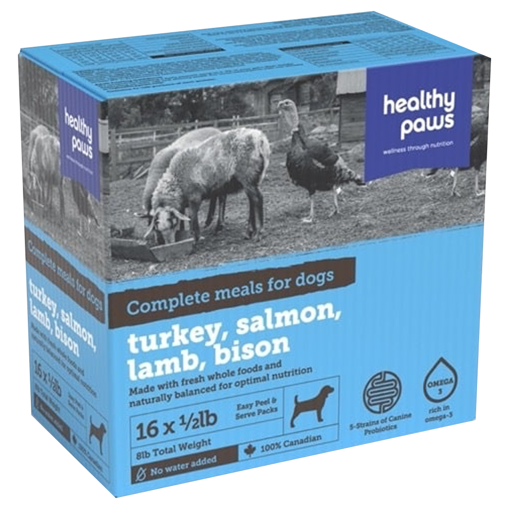 DR - HEALTHY PAWS DOG VARIETY PK TURKEY, LAMB, SALMON, BISON 12 X 1/2LB