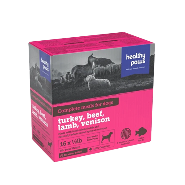 HEALTHY PAWS DOG VARIETY PK TURKEY, LAMB, BEEF, VENISON 16 X  1/2LB