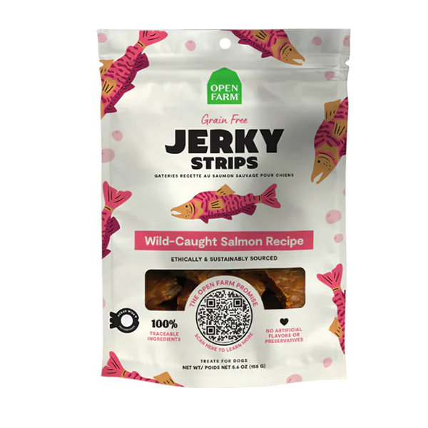 OPEN FARM DOG GF JERKY STRIPS WILD CAUGHT SALMON 5.6OZ