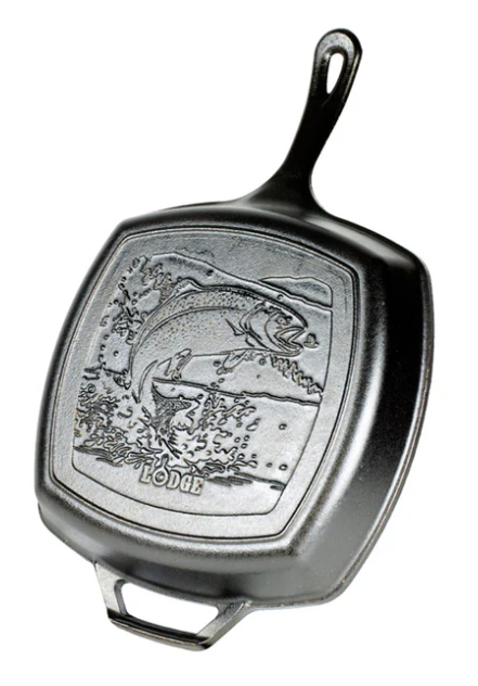 LODGE WILDLIFE FISH SQUARE CAST IRON GRILL PAN 10.5&quot; BLACK