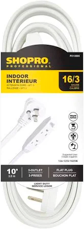 SHOPRO 16/3 SPT-3 3-OUTLET FLAT PLUG EXT CORD WHITE 10'