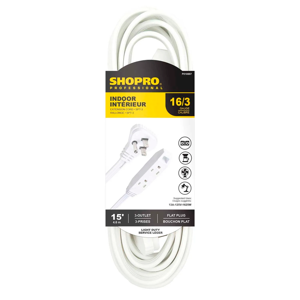 SHOPRO 16/3 SPT-3 3-OUTLET FLAT PLUG EXT CORD WHITE 15'