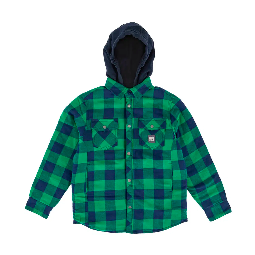 BERNE YOUTH FLANNEL QUILT-LINED HOODED SHIRT JACKET PLAID KELLY NAVY (M)