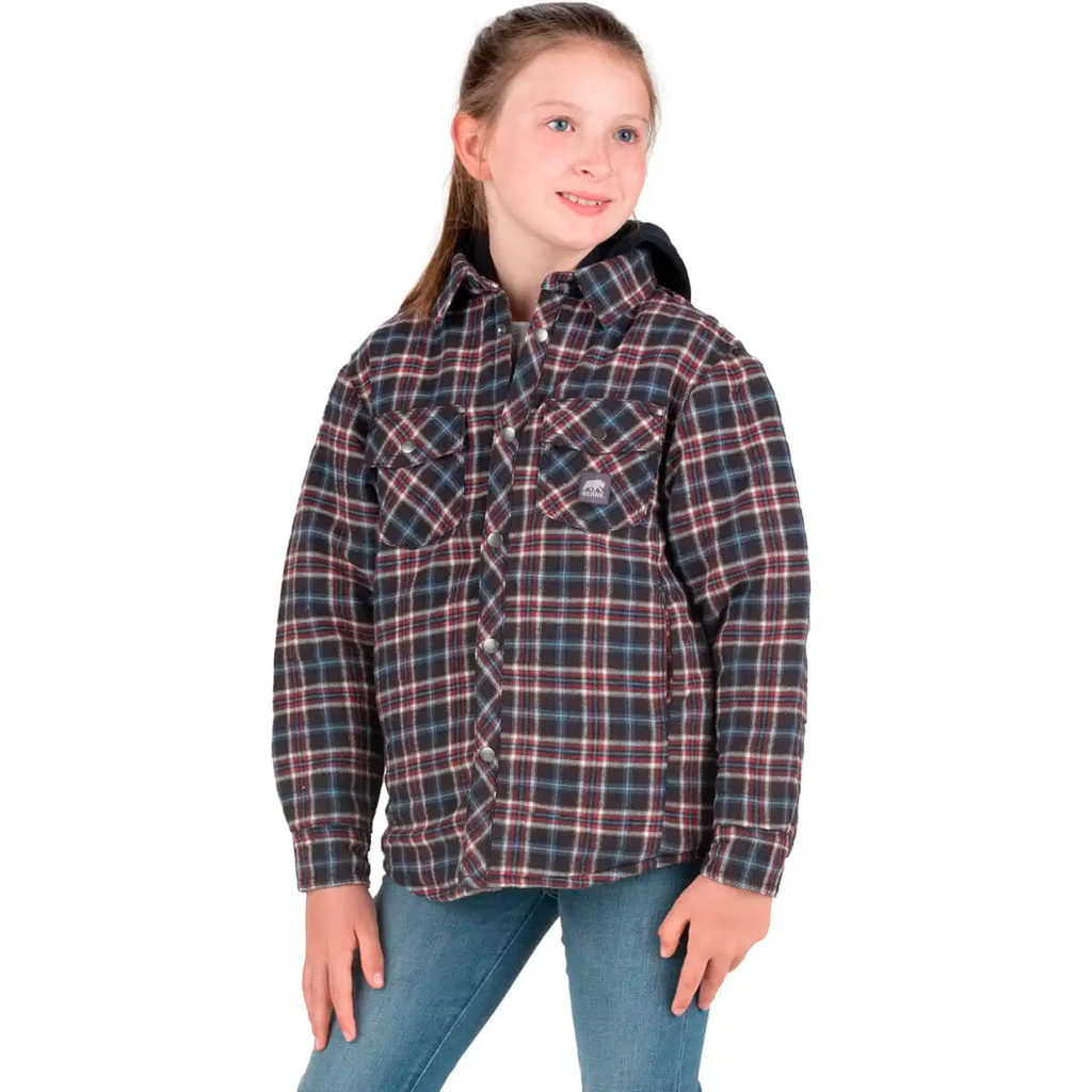 BERNE YOUTH FLANNEL QUILT-LINED HOODED SHIRT JACKET PLAID NAVY CHOCOLATE (S)