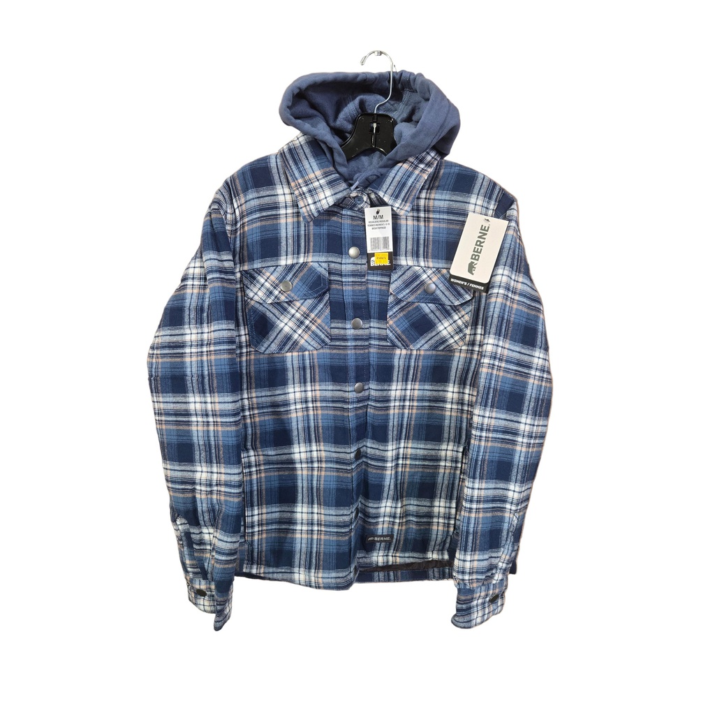 BERNE WOMENS FLANNEL QUILT-LINED HOODED SHIRT JACKET PLAID BLUE GOLD (M)