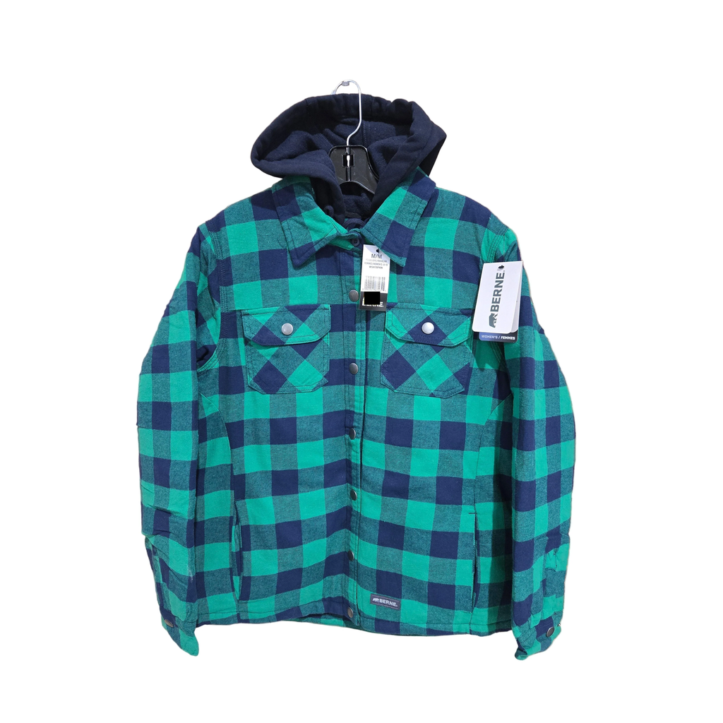 BERNE WOMENS FLANNEL QUILT-LINED HOODED SHIRT JACKET PLAID KELLY NAVY (L)