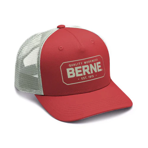 BERNE BADGE LOGO TRUCKER CAP DEEP RED VINTAGE RECTANGLE (OS)